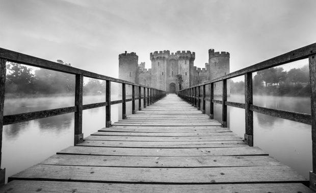 Bodiam Castle at sunrise in black and white by Tracy Howl www.tracyhowl.com